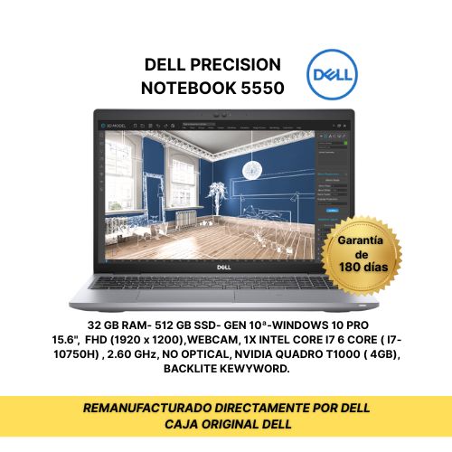 DELL PRECISION NOTEBOOK 5550-32 GB RAM- 512 GB SSD- GEN 10ª- NVIDIA QUADRO T1000 ( 4GB)- REMANUFACTURADO POR DELL