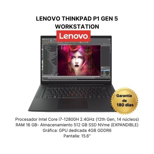 Lenovo ThinkPad P1 Gen 5 Workstation – Intel Core i7 de 12.ª generación – 16GB RAM – SSD NVMe 512GB – Gráfica dedicada de 4GB – Pantalla de 15.6"
