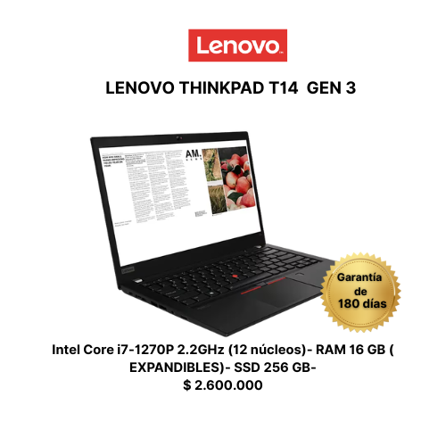 Lenovo ThinkPad T14 Gen 3 | Intel Core i7 12ª Generación | 16GB RAM | 256GB SSD | Pantalla 14" Full HD | Windows 11 Pro