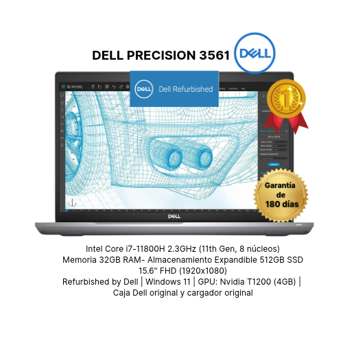 DELL PRECISION 3561 FHD de 15.6 pulgadas, Intel Core i7 8 Core (i7-11800H) 1.90 GHz-32GB- 512GB SSD- FHD (1920x1080) Windows 11 Professional | Webcam | Backlit Keyboard | GPU: Nvidia Quadro T1200 (4GB)