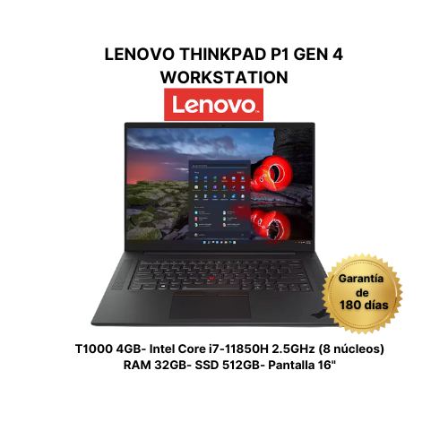 Lenovo ThinkPad P1 Gen 4 | Intel Core i7-11850H | 32GB RAM | 512GB SSD | NVIDIA T1200 4GB | Pantalla 15.6" Full HD | Workstation Móvil | Windows 11 Pro