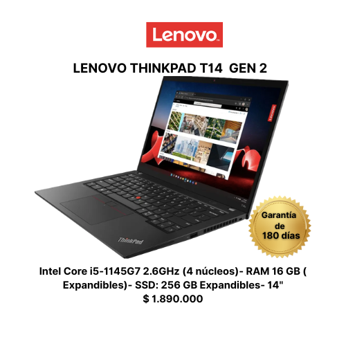 Lenovo ThinkPad T14 Gen 2 | Intel Core i5 11ª Generación | 16GB RAM | 256GB SSD Expandible | Pantalla 14" FHD | Windows 11 Pro